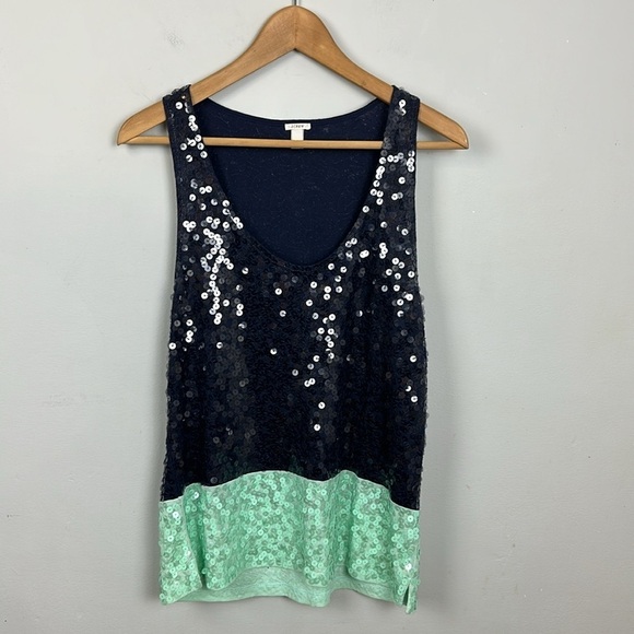 J Crew Navy color blocked sequined tank top Sz M - Picture 1 of 9